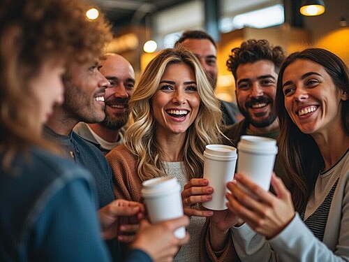 A vibrant scene showcasing a diverse group of UK customers, including various ages, ethnicities, and backgrounds, all expressing joy and engagement with a new product. The product, held by a hand in the foreground, is the central focus, radiating a sense of satisfaction and excitement among the users. The background subtly integrates the brand's color scheme without explicit logos, creating a warm, inviting atmosphere with soft lighting that highlights the emotional connection between the consumers and the product. This image conveys authenticity, trust, and the power of branding in fostering customer loyalty.